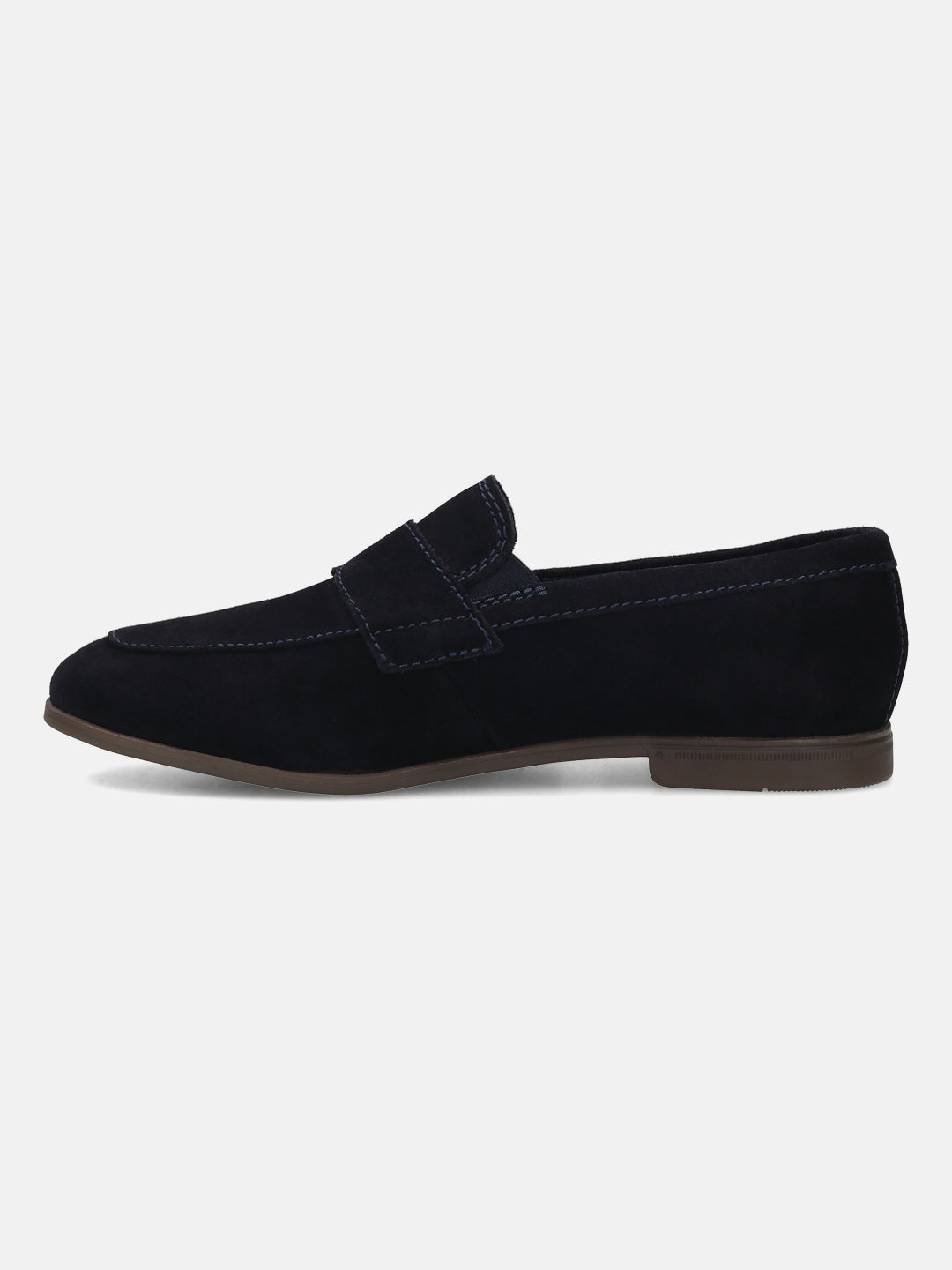 Men's Bugatti penny loafer blue leather shoes with a pointed toe and apron toe featuring a stacked heel , a tpr outsole.