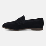 Men's Bugatti penny loafer blue leather shoes with a pointed toe and apron toe featuring a stacked heel , a tpr outsole.