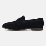 Men's Bugatti penny loafer blue leather shoes with a pointed toe and apron toe featuring a stacked heel , a tpr outsole.