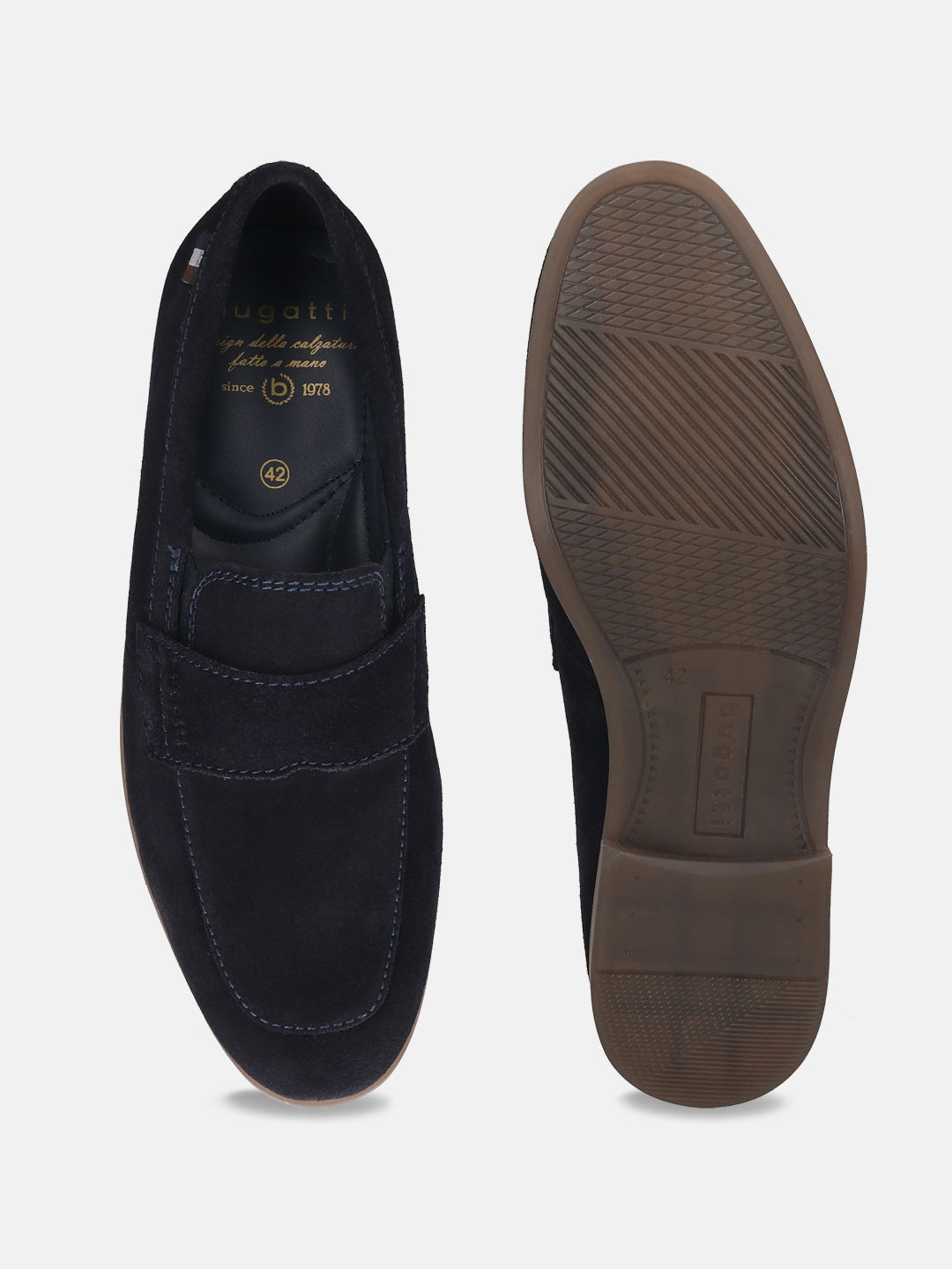 Men's Bugatti penny loafer blue leather shoes with a pointed toe and apron toe featuring a stacked heel , a tpr outsole.