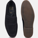 Men's Bugatti penny loafer blue leather shoes with a pointed toe and apron toe featuring a stacked heel , a tpr outsole.