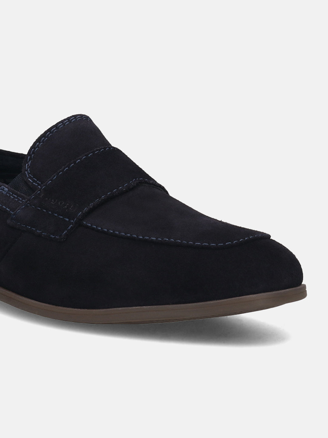 Men's Bugatti penny loafer blue leather shoes with a pointed toe and apron toe featuring a stacked heel , a tpr outsole.