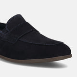 Men's Bugatti penny loafer blue leather shoes with a pointed toe and apron toe featuring a stacked heel , a tpr outsole.