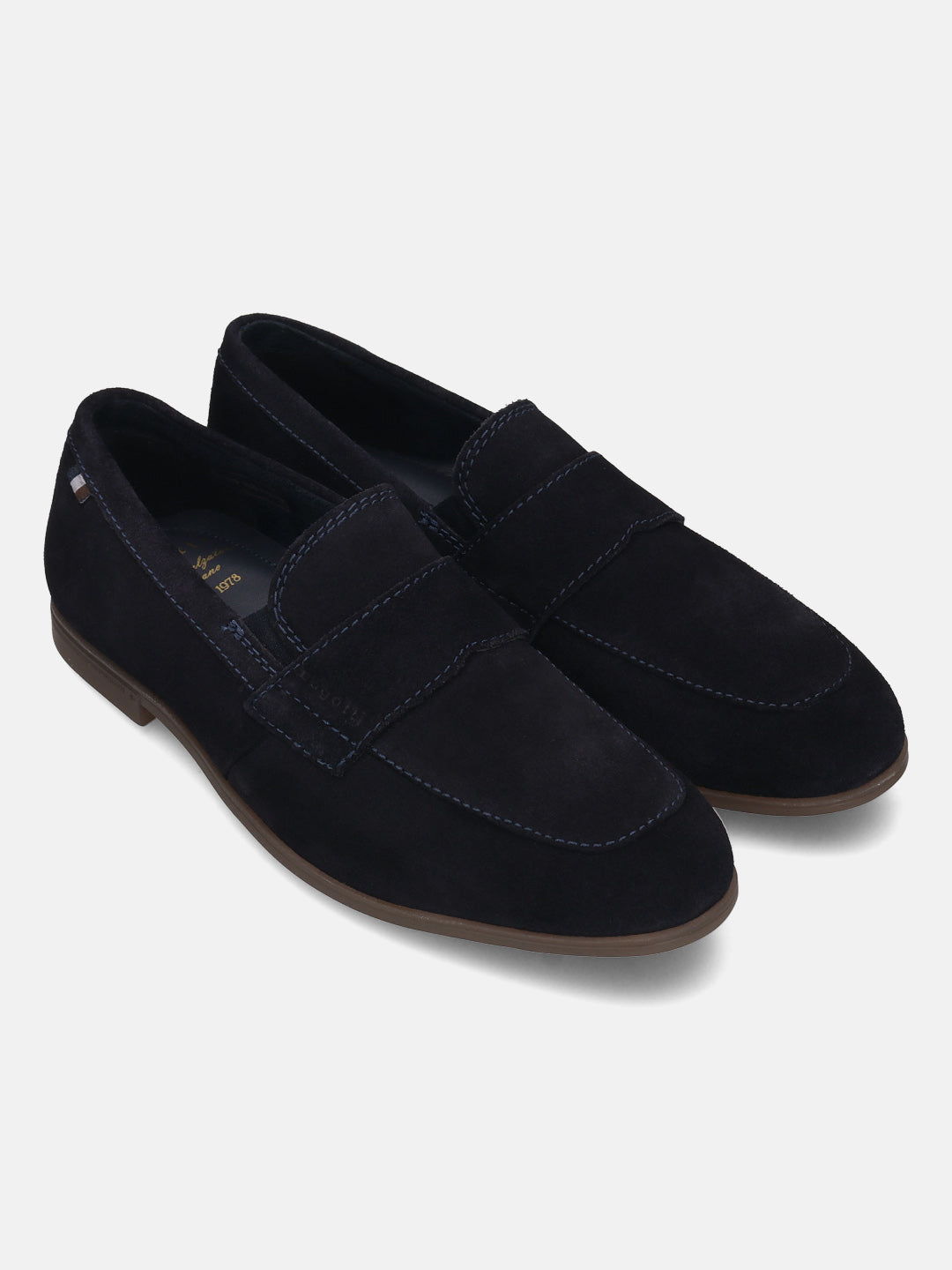 Men's Bugatti penny loafer blue leather shoes with a pointed toe and apron toe featuring a stacked heel , a tpr outsole.