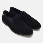 Men's Bugatti penny loafer blue leather shoes with a pointed toe and apron toe featuring a stacked heel , a tpr outsole.