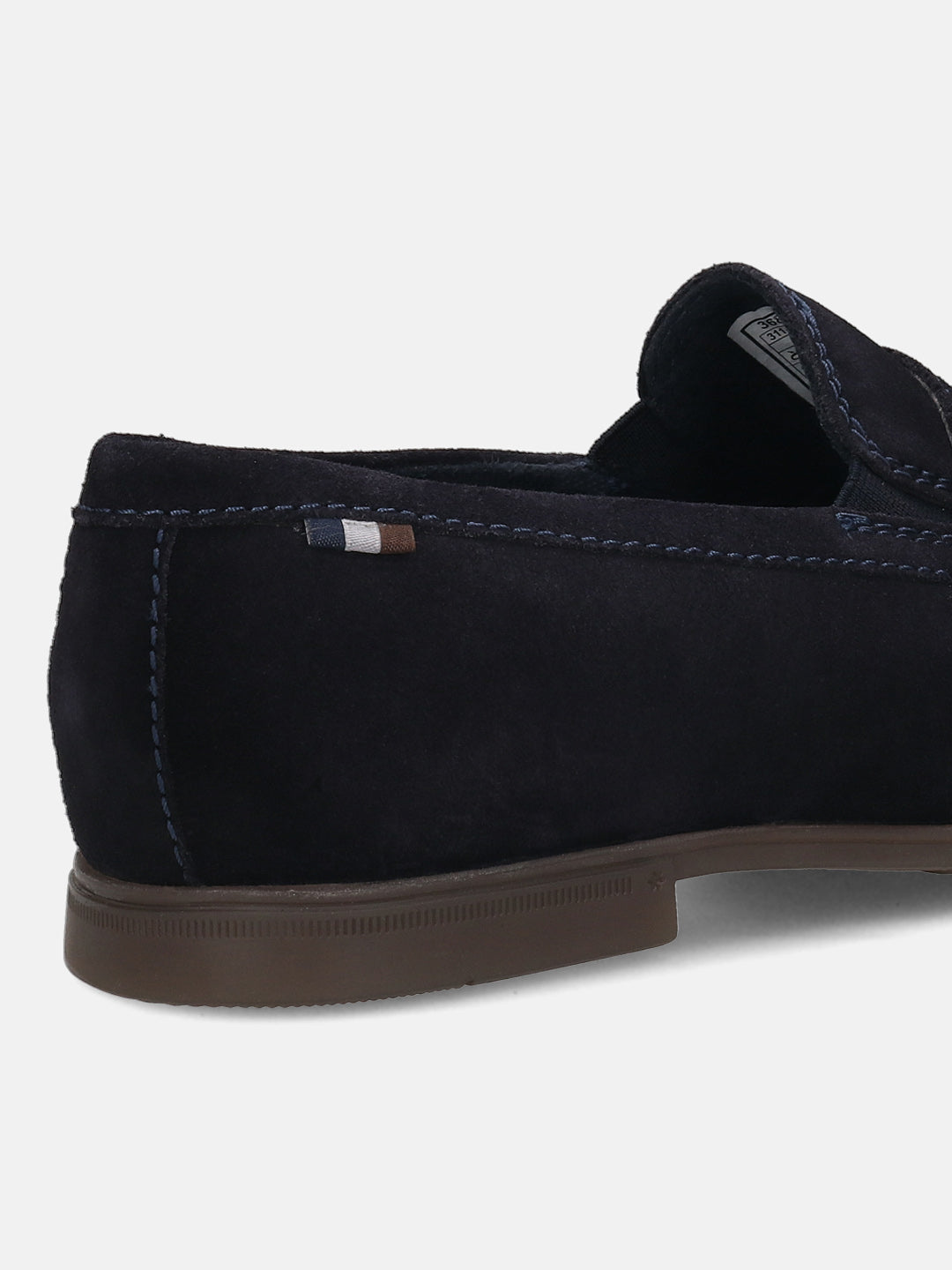 Men's Bugatti penny loafer blue leather shoes with a pointed toe and apron toe featuring a stacked heel , a tpr outsole.