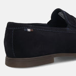 Men's Bugatti penny loafer blue leather shoes with a pointed toe and apron toe featuring a stacked heel , a tpr outsole.