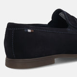 Men's Bugatti penny loafer blue leather shoes with a pointed toe and apron toe featuring a stacked heel , a tpr outsole.