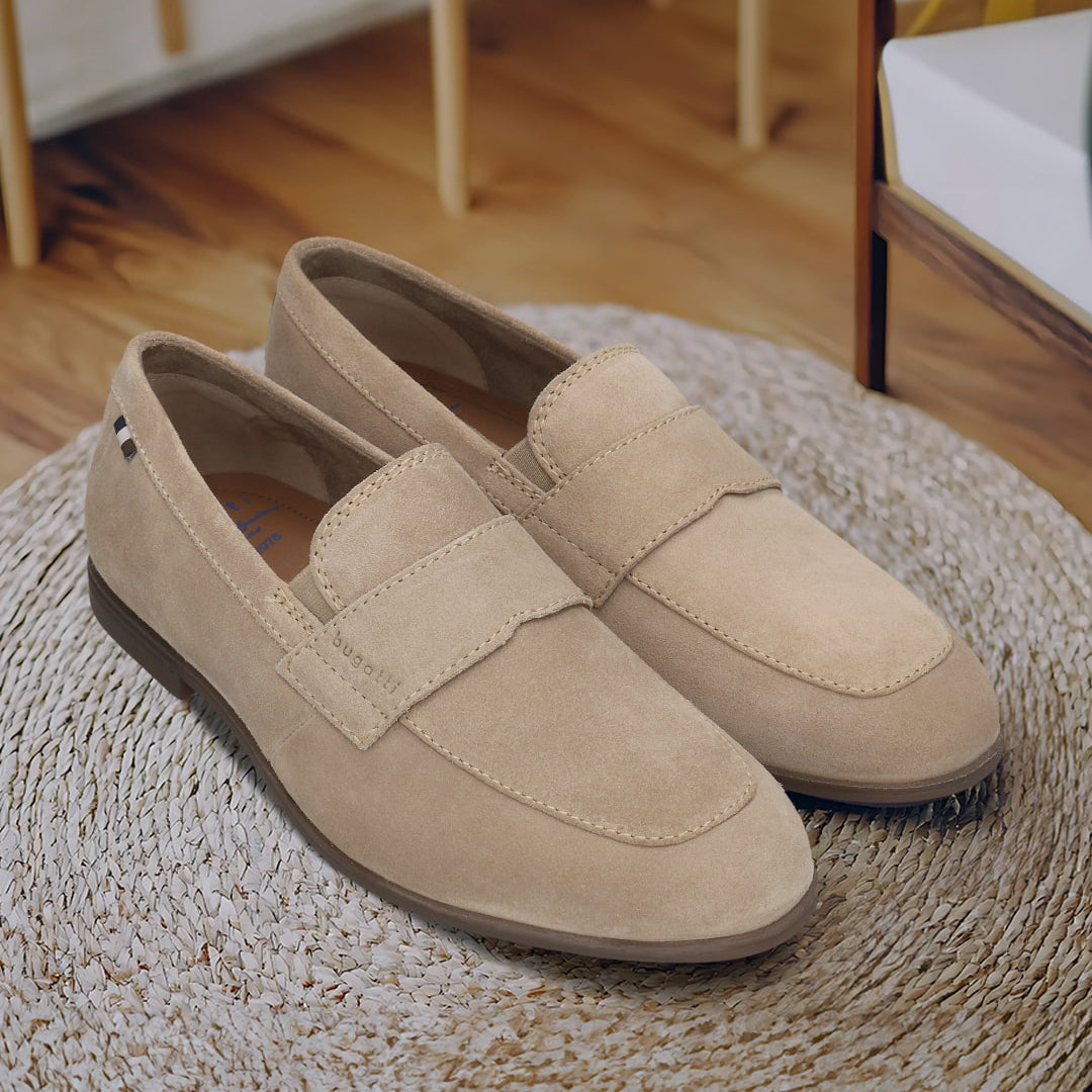 Men's Bugatti penny loafer beige leather shoes with a pointed toe and apron toe featuring a stacked heel , a tpr outsole.