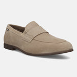 Men's Bugatti penny loafer beige leather shoes with a pointed toe and apron toe featuring a stacked heel , a tpr outsole.