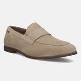 Men's Bugatti penny loafer beige leather shoes with a pointed toe and apron toe featuring a stacked heel , a tpr outsole.