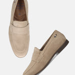 Men's Bugatti penny loafer beige leather shoes with a pointed toe and apron toe featuring a stacked heel , a tpr outsole.