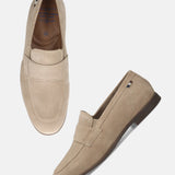 Men's Bugatti penny loafer beige leather shoes with a pointed toe and apron toe featuring a stacked heel , a tpr outsole.