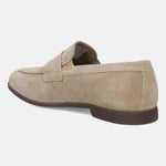 Men's Bugatti penny loafer beige leather shoes with a pointed toe and apron toe featuring a stacked heel , a tpr outsole.