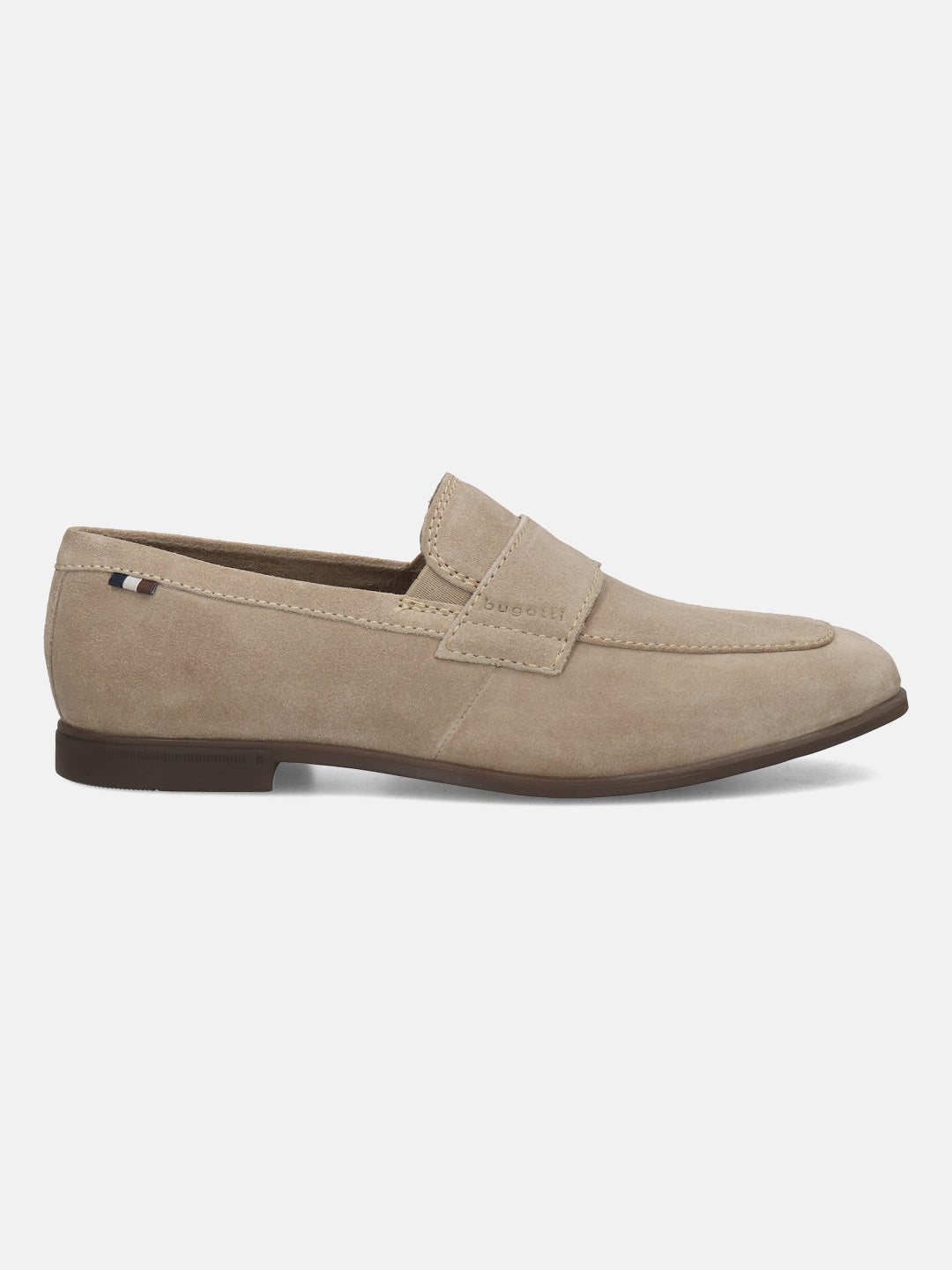 Men's Bugatti penny loafer beige leather shoes with a pointed toe and apron toe featuring a stacked heel , a tpr outsole.