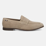 Men's Bugatti penny loafer beige leather shoes with a pointed toe and apron toe featuring a stacked heel , a tpr outsole.