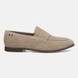 Men's Bugatti penny loafer beige leather shoes with a pointed toe and apron toe featuring a stacked heel , a tpr outsole.