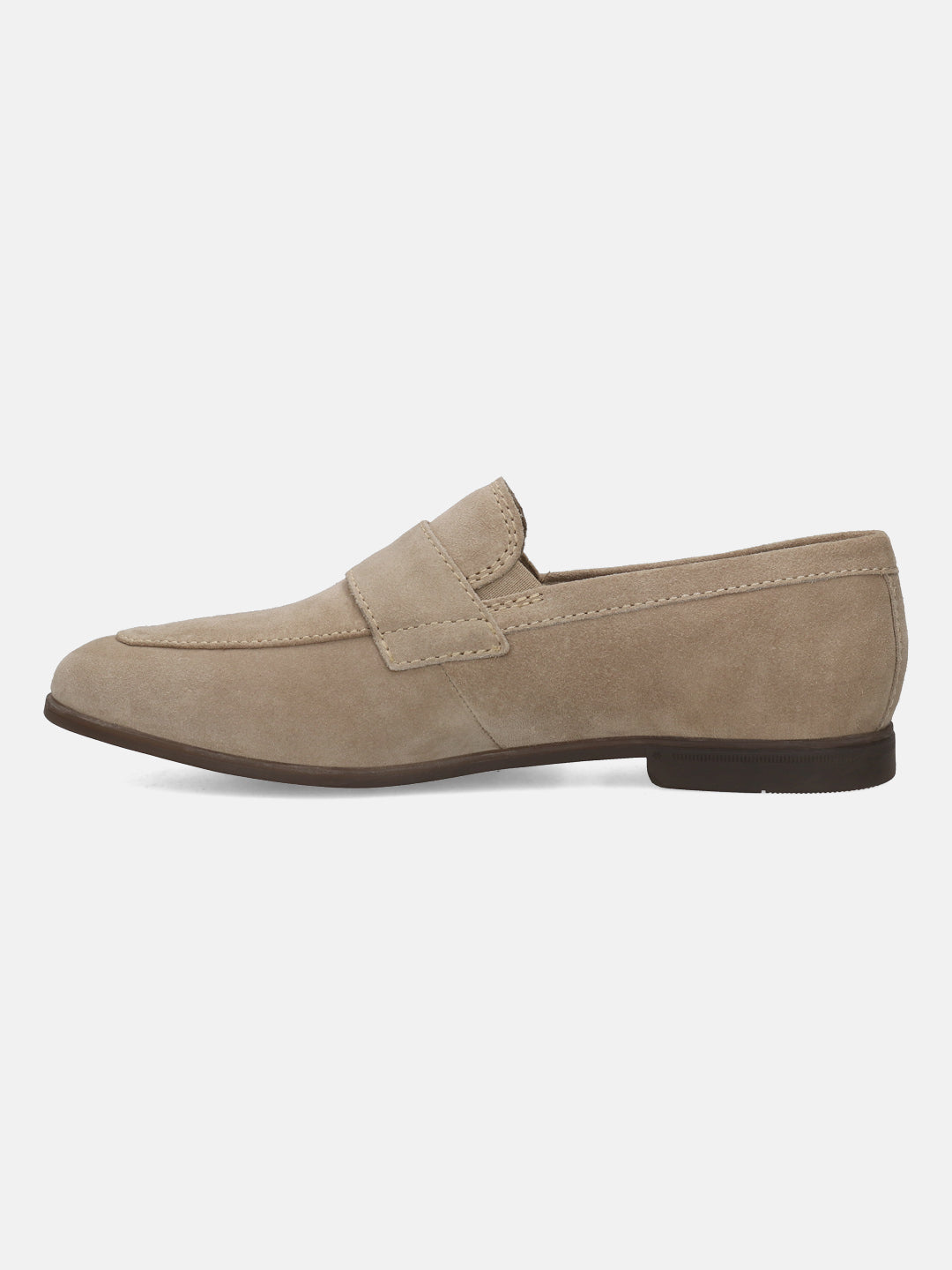 Men's Bugatti penny loafer beige leather shoes with a pointed toe and apron toe featuring a stacked heel , a tpr outsole.