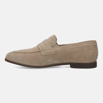 Men's Bugatti penny loafer beige leather shoes with a pointed toe and apron toe featuring a stacked heel , a tpr outsole.