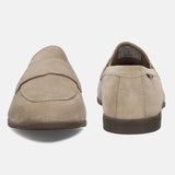 Men's Bugatti penny loafer beige leather shoes with a pointed toe and apron toe featuring a stacked heel , a tpr outsole.