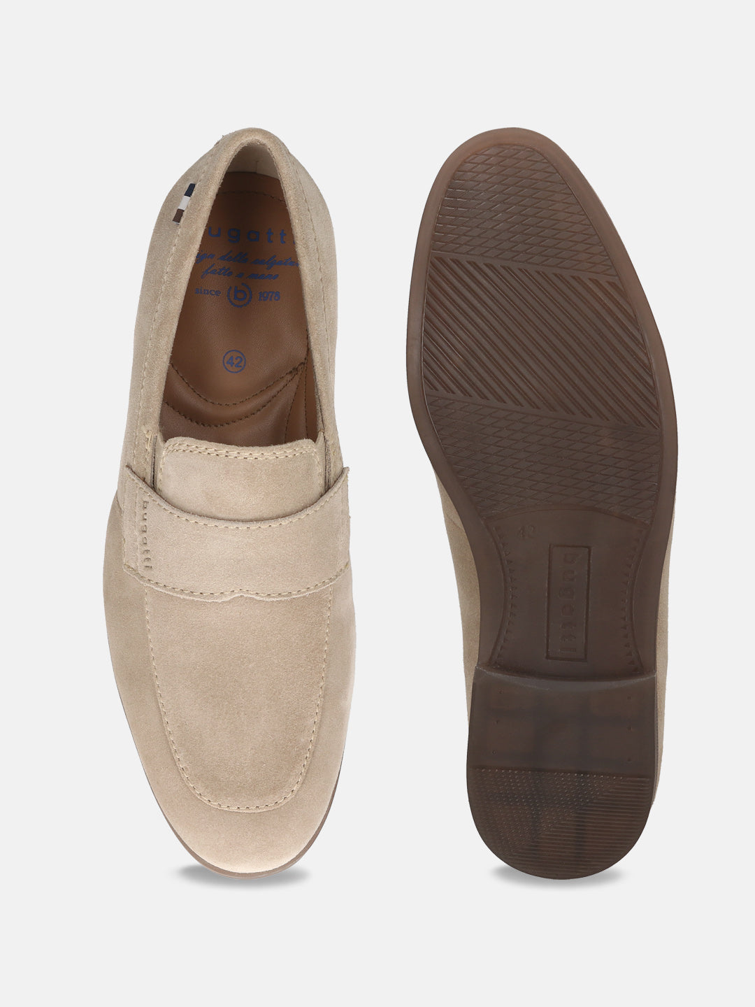 Men's Bugatti penny loafer beige leather shoes with a pointed toe and apron toe featuring a stacked heel , a tpr outsole.