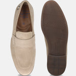 Men's Bugatti penny loafer beige leather shoes with a pointed toe and apron toe featuring a stacked heel , a tpr outsole.