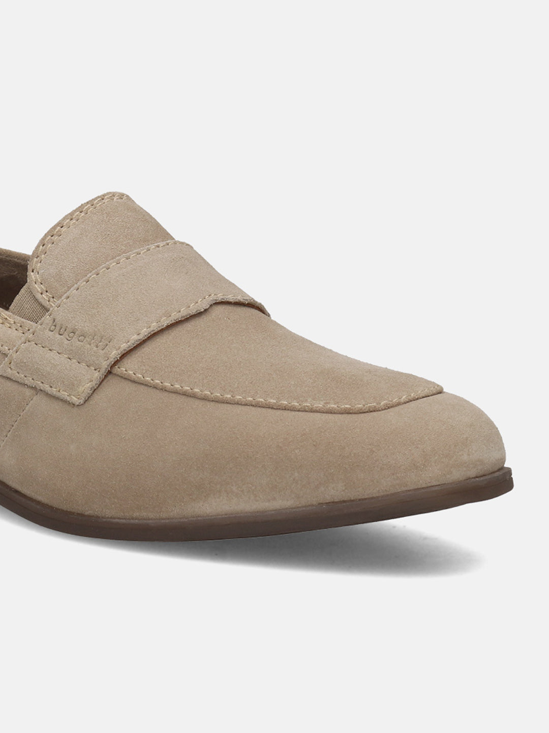 Men's Bugatti penny loafer beige leather shoes with a pointed toe and apron toe featuring a stacked heel , a tpr outsole.