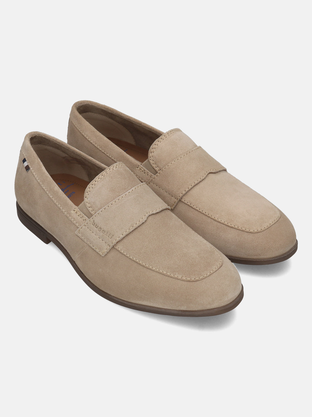 Men's Bugatti penny loafer beige leather shoes with a pointed toe and apron toe featuring a stacked heel , a tpr outsole.