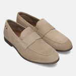 Men's Bugatti penny loafer beige leather shoes with a pointed toe and apron toe featuring a stacked heel , a tpr outsole.