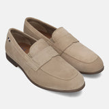 Men's Bugatti penny loafer beige leather shoes with a pointed toe and apron toe featuring a stacked heel , a tpr outsole.