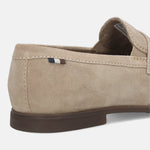 Men's Bugatti penny loafer beige leather shoes with a pointed toe and apron toe featuring a stacked heel , a tpr outsole.