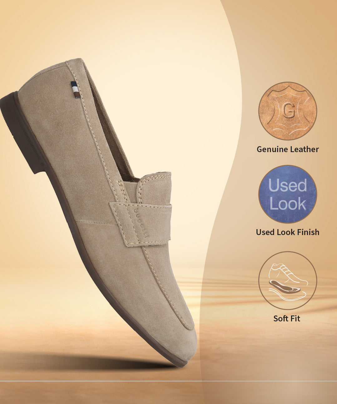 Men's Bugatti penny loafer beige leather shoes with a pointed toe and apron toe featuring a stacked heel , a tpr outsole.