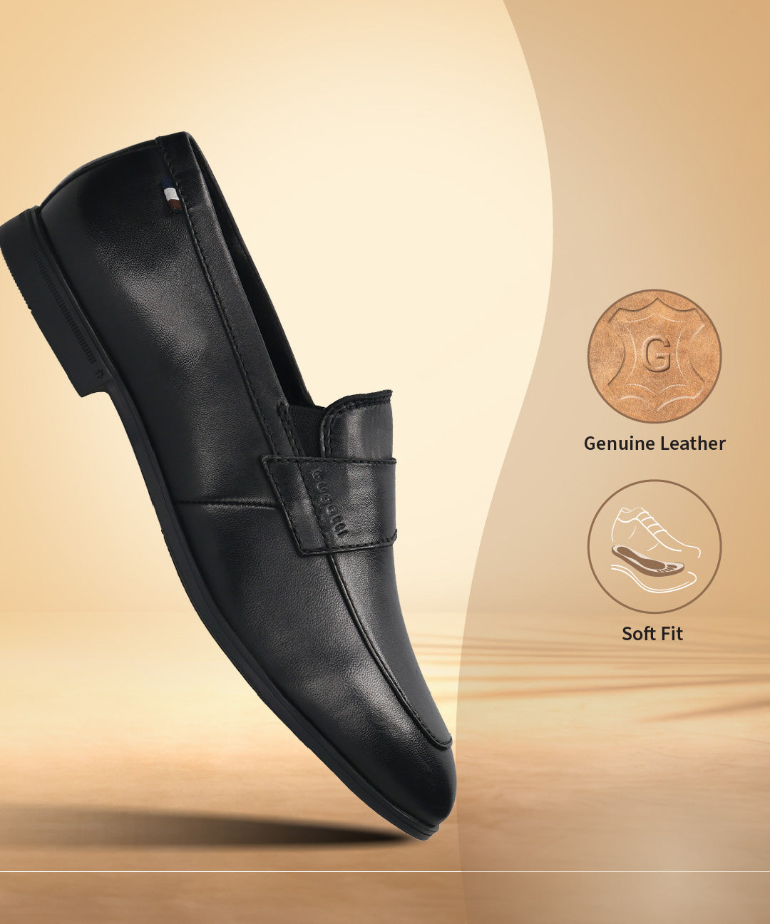 Black leather penny loafers by bugatti with a semi-glossy finish, levitating on a gradient background.