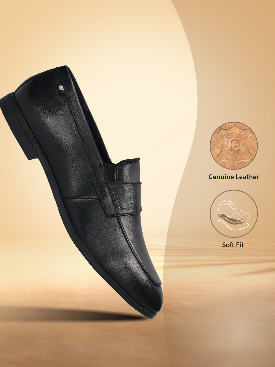 Men's Bugatti penny loafer black leather shoes with a pointed toe and apron toe featuring a stacked heel , a tpr outsole.