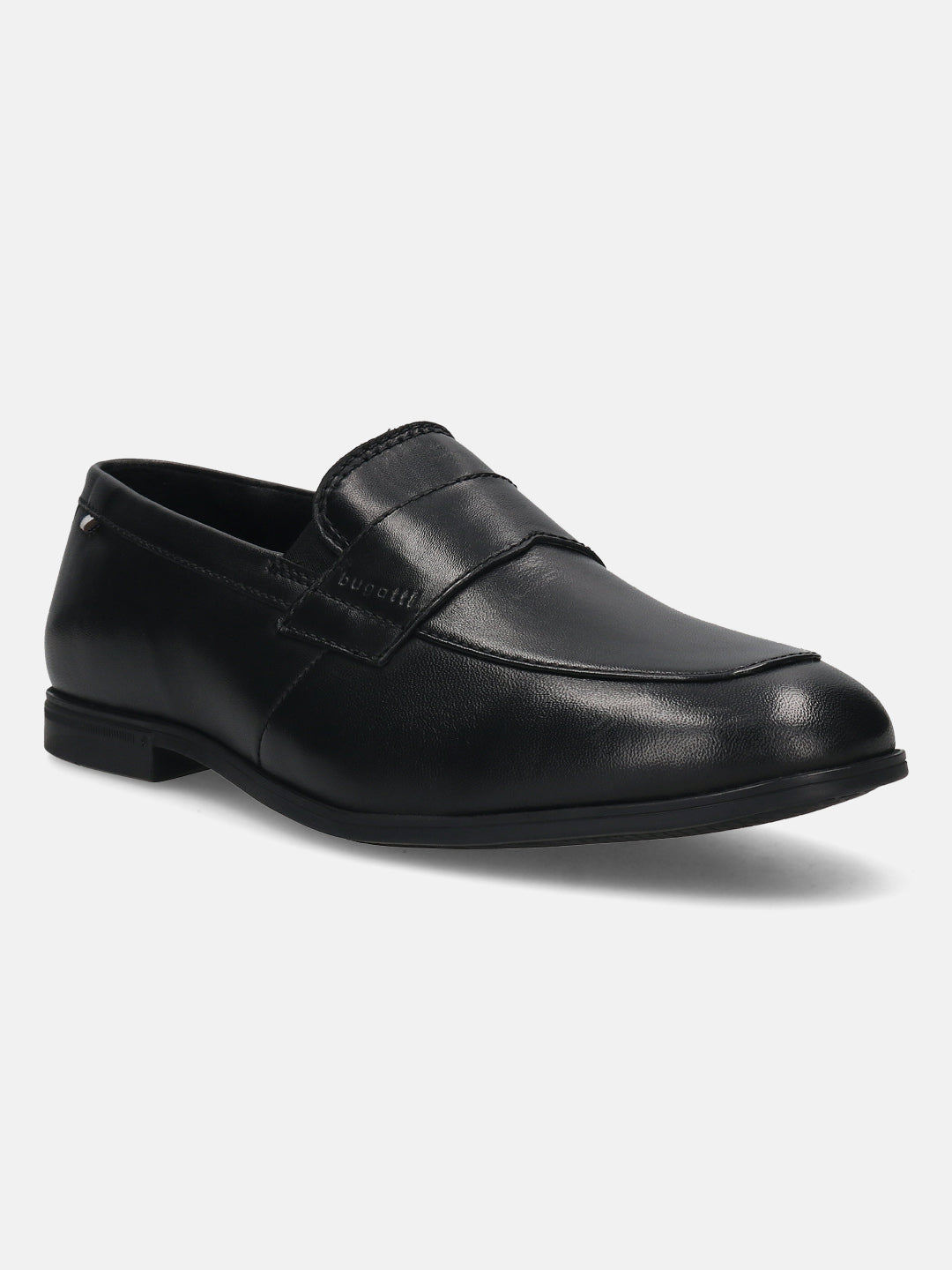 Men's Bugatti penny loafer black leather shoes with a pointed toe and apron toe featuring a stacked heel , a tpr outsole.