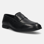 Men's Bugatti penny loafer black leather shoes with a pointed toe and apron toe featuring a stacked heel , a tpr outsole.