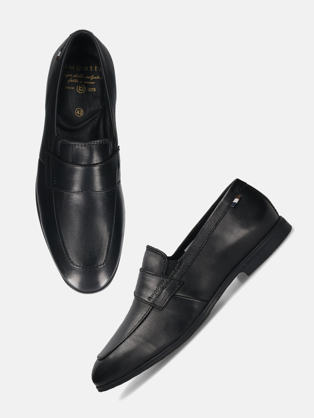 Men's Bugatti penny loafer black leather shoes with a pointed toe and apron toe featuring a stacked heel , a tpr outsole.