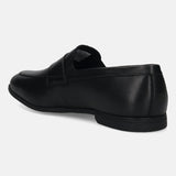 Men's Bugatti penny loafer black leather shoes with a pointed toe and apron toe featuring a stacked heel , a tpr outsole.