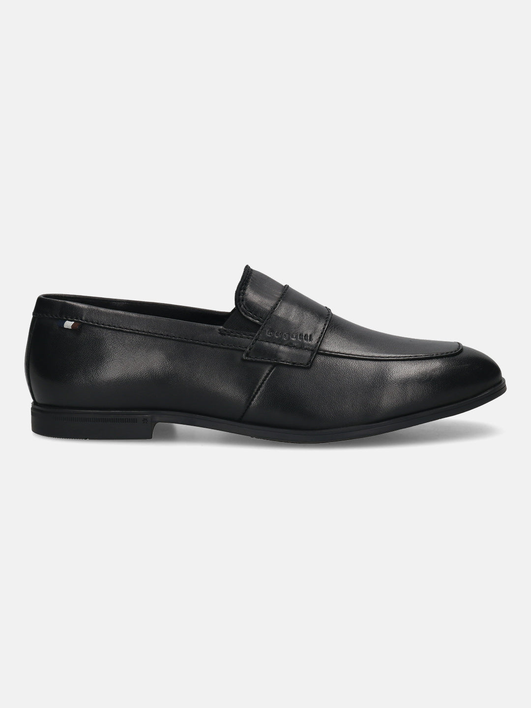 Men's Bugatti penny loafer black leather shoes with a pointed toe and apron toe featuring a stacked heel , a tpr outsole.