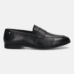 Men's Bugatti penny loafer black leather shoes with a pointed toe and apron toe featuring a stacked heel , a tpr outsole.