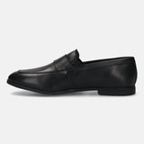 Men's Bugatti penny loafer black leather shoes with a pointed toe and apron toe featuring a stacked heel , a tpr outsole.