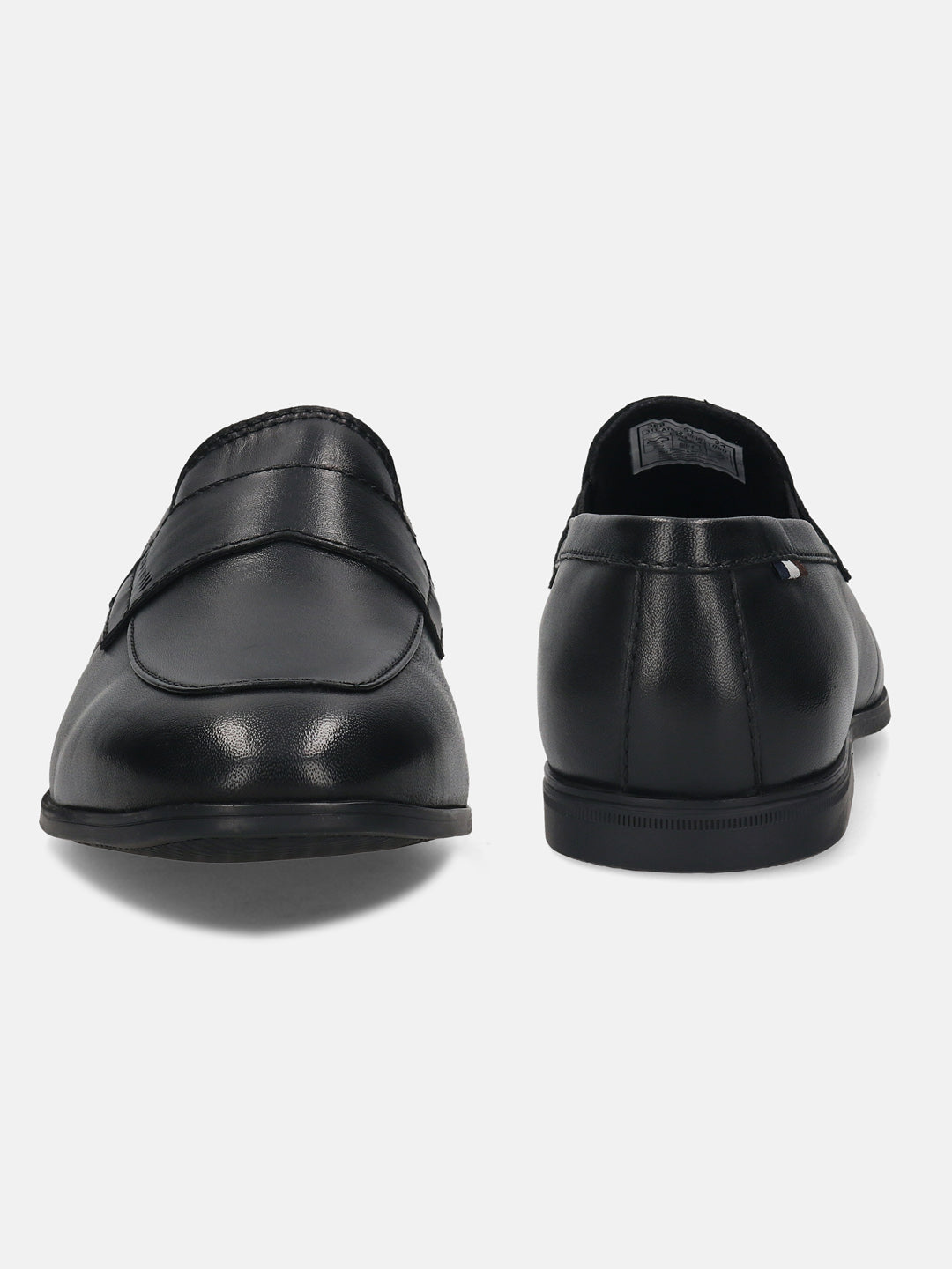 Men's Bugatti penny loafer black leather shoes with a pointed toe and apron toe featuring a stacked heel , a tpr outsole.