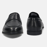 Men's Bugatti penny loafer black leather shoes with a pointed toe and apron toe featuring a stacked heel , a tpr outsole.