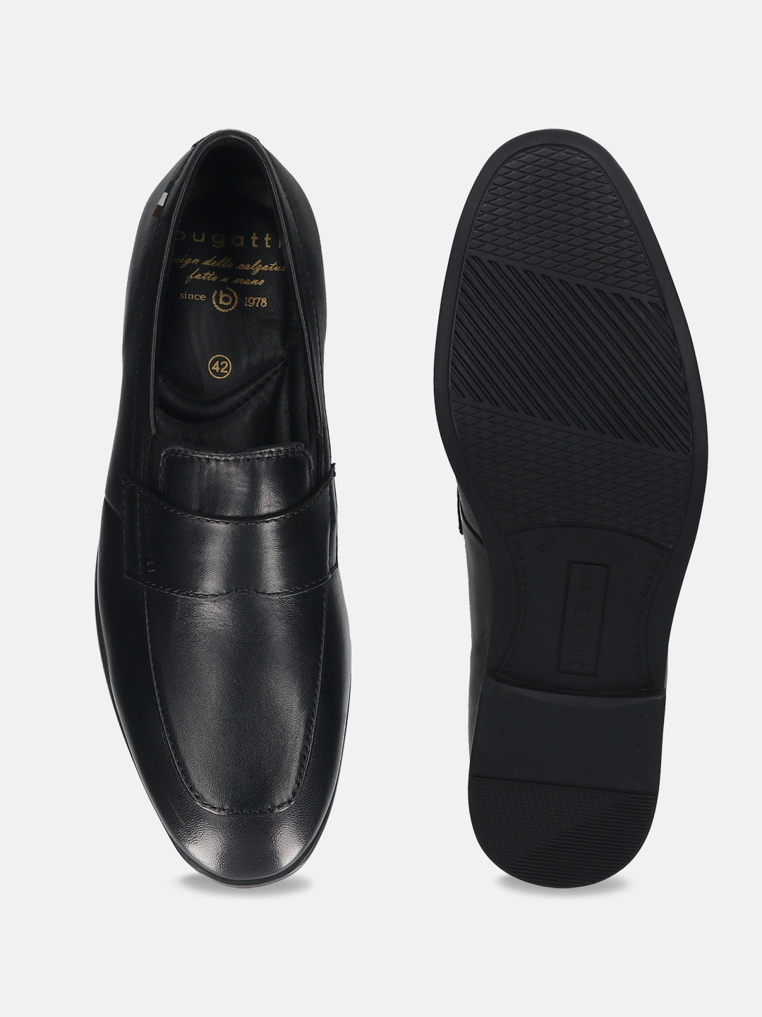 Men's Bugatti penny loafer black leather shoes with a pointed toe and apron toe featuring a stacked heel , a tpr outsole.