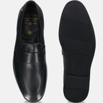 Men's Bugatti penny loafer black leather shoes with a pointed toe and apron toe featuring a stacked heel , a tpr outsole.