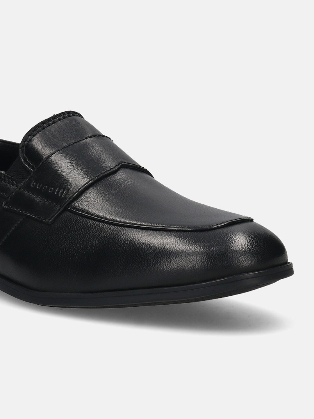 Men's Bugatti penny loafer black leather shoes with a pointed toe and apron toe featuring a stacked heel , a tpr outsole.