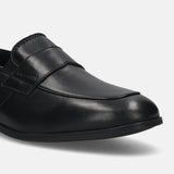 Men's Bugatti penny loafer black leather shoes with a pointed toe and apron toe featuring a stacked heel , a tpr outsole.