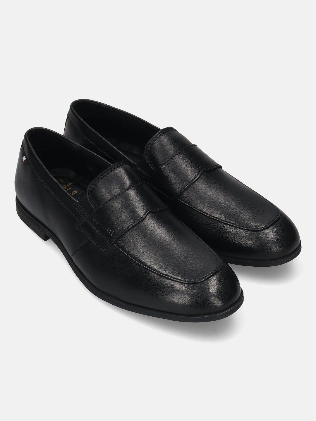 Men's Bugatti penny loafer black leather shoes with a pointed toe and apron toe featuring a stacked heel , a tpr outsole.