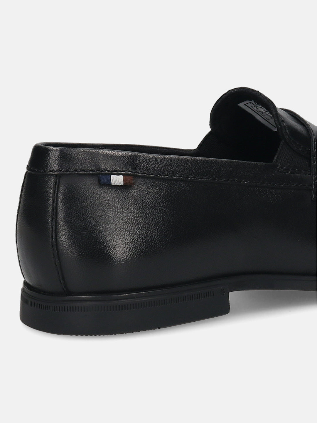 Men's Bugatti penny loafer black leather shoes with a pointed toe and apron toe featuring a stacked heel , a tpr outsole.