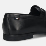 Men's Bugatti penny loafer black leather shoes with a pointed toe and apron toe featuring a stacked heel , a tpr outsole.